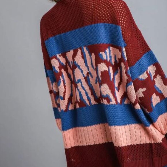 Multi color colorblock sweater cardigan wine and teal - Picture 2 of 4